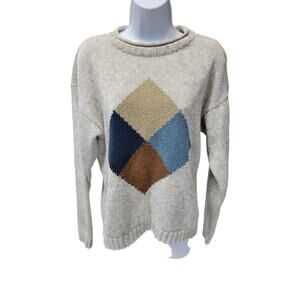 VTG Pasta Womens M Cotton Blend Knit Crew Neck Sweater white Color Square Blue